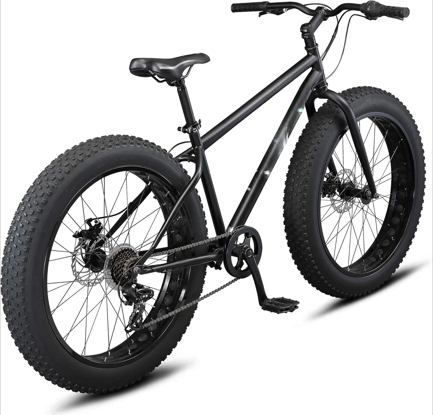 Malus Mens and Women Fat Tire Mountain Bike, 26-Inch Bicycle Wheels, 4-Inch Wide Knobby Tires, Steel Frame, 7 Speed Dri