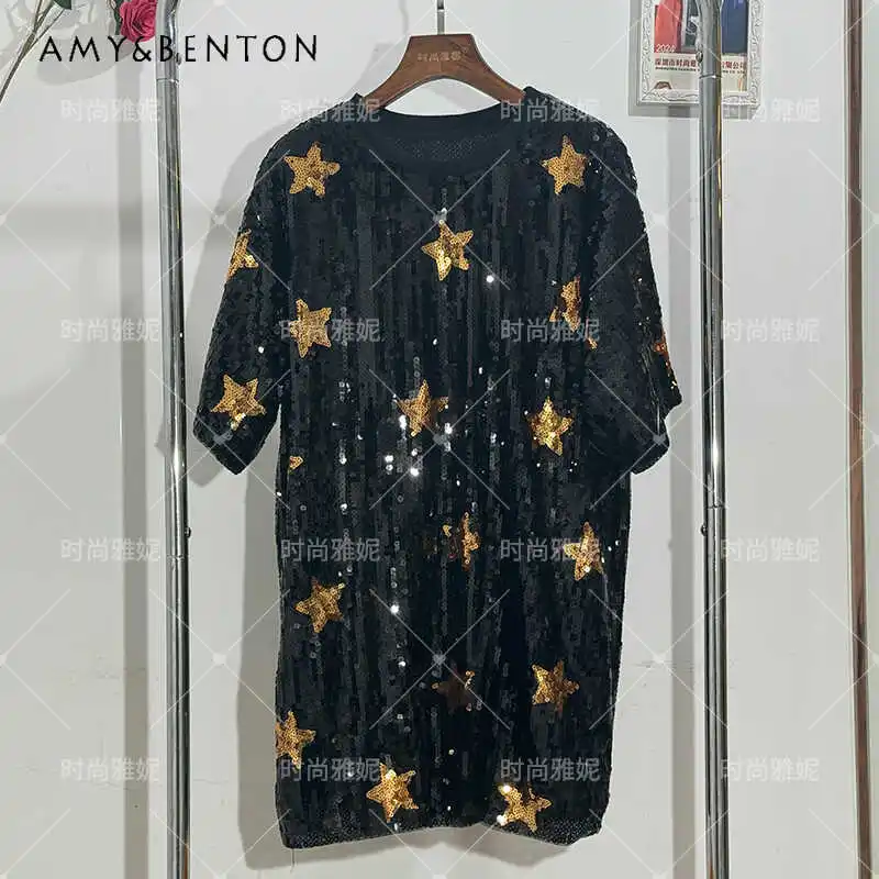 

New Five-Pointed Star Sequin T-shirt Short Sleeves Vestidos Loose Oversized European Style Mid-Length Heavy Industry Dress Women