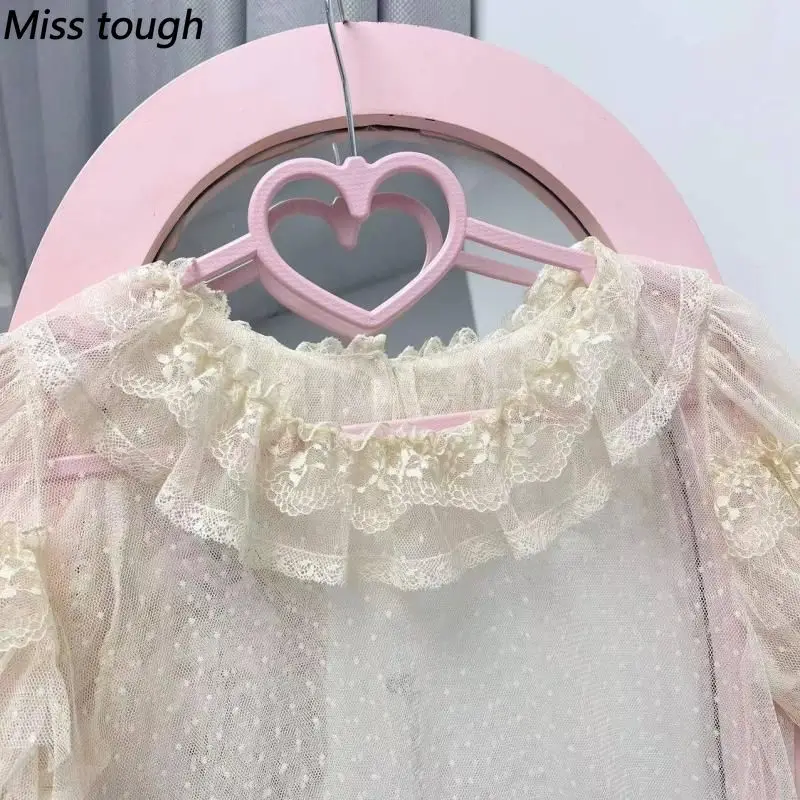 Sweet Gothic Lolita Kawaii Princess Lace Blouse Women Puff Sleeve Bowknot Ruffle Tulle Mesh Daily Cafe Harajuku Outfit Tees 2026