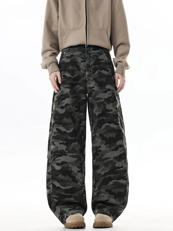 

Men's Camouflage Wide Leg Jeans Straight Cut Long Trousers Autumn Winter Faion Brand Workwear American Sle Slim Fit Jeans