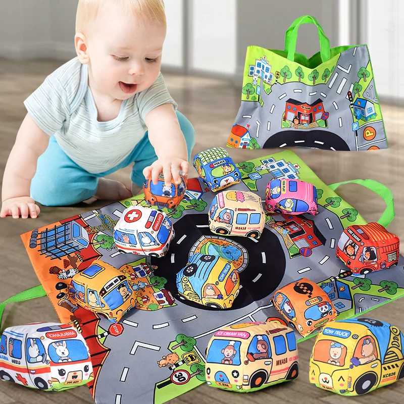 Set di auto in panno morbido Montessori libro di stoffa borsa per autobus tridimensionale 0 anni + giocattolo interattivo per la prima educazione del bambino