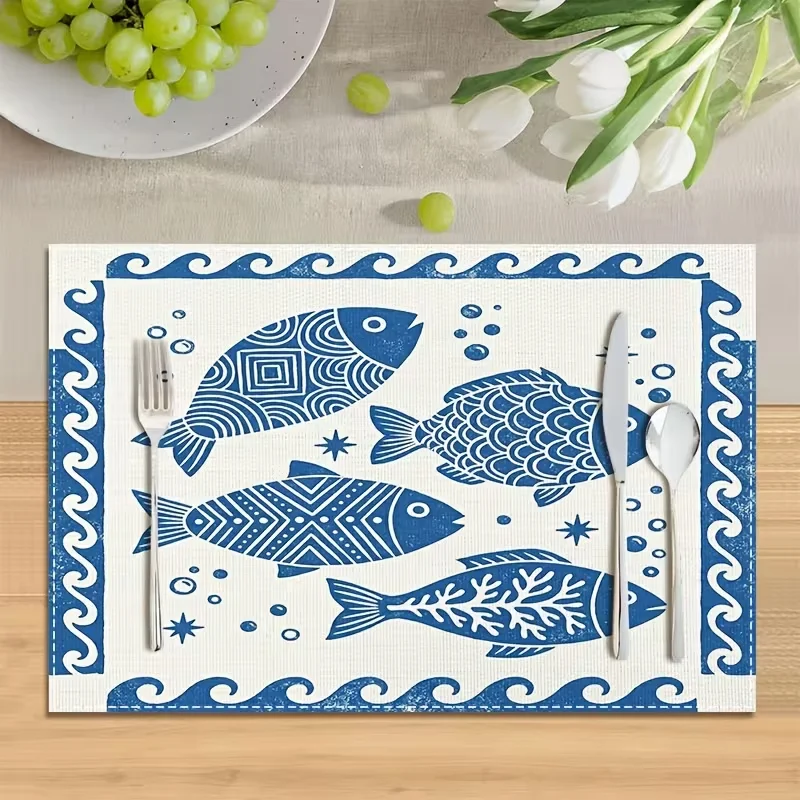 Vintage Blue Ocean Fish Wave Printed Table Mats Nautical Sea‑Animal Decorative Placemats for Dining Table Kitchen Home