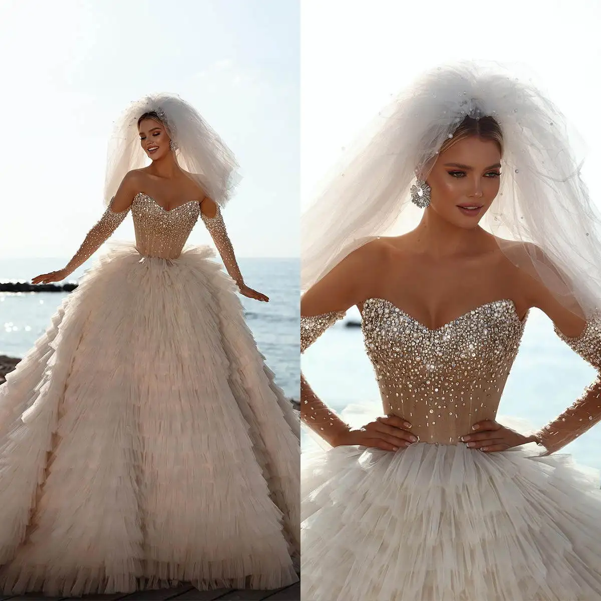 Exquisite Ball Gown Wedding Dresses Sweetheart Neck Removable Sleeves Bridal Gown Beaded Crystal Sweep Train Customized Dress