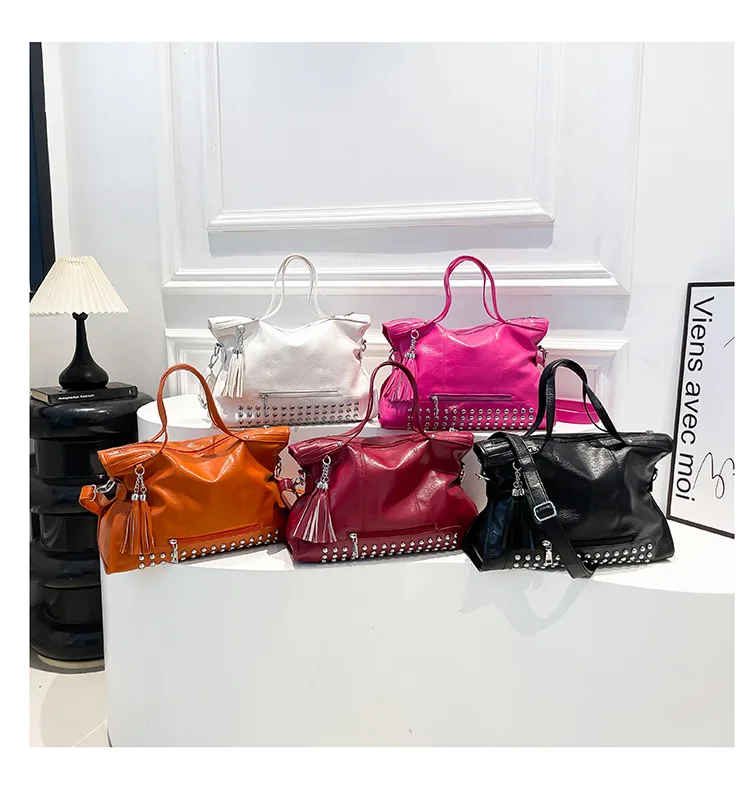 

2025 New Large Tote Bag Women Casual Minimalist Studded Fringe Shoulder Crossbody Fashion Purse