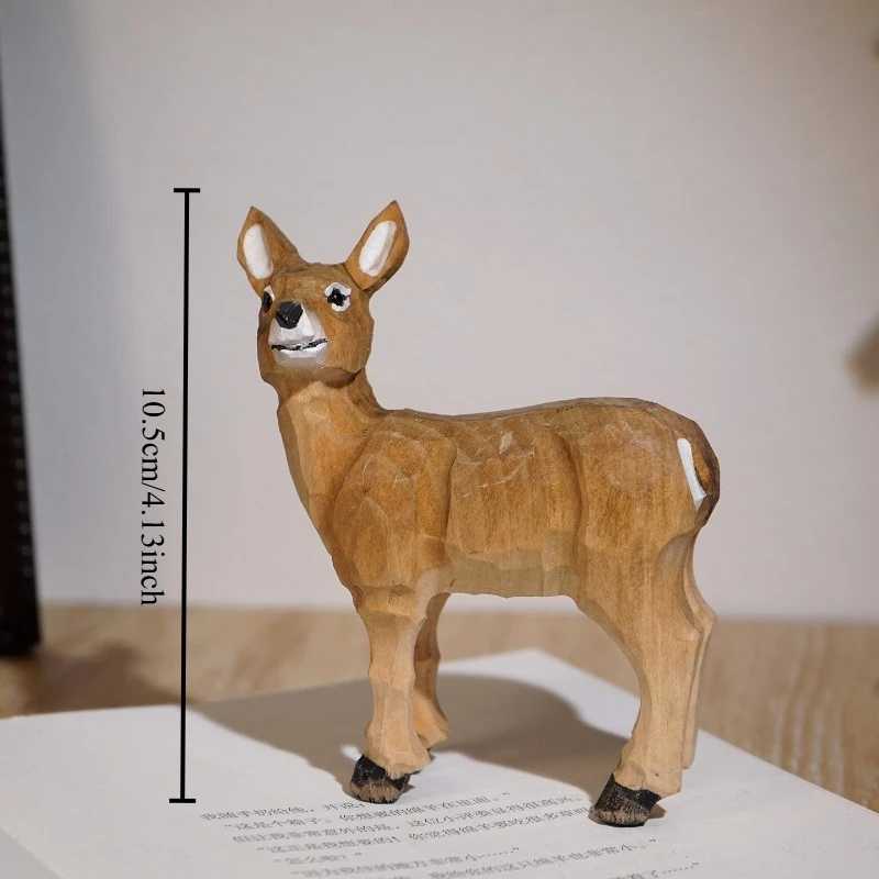 1 PC Forest Deer Hand Carved Wood Sculpture Woodland Creature Figurine DIY Landscape Animal Ornament Office Home Desk Decoration