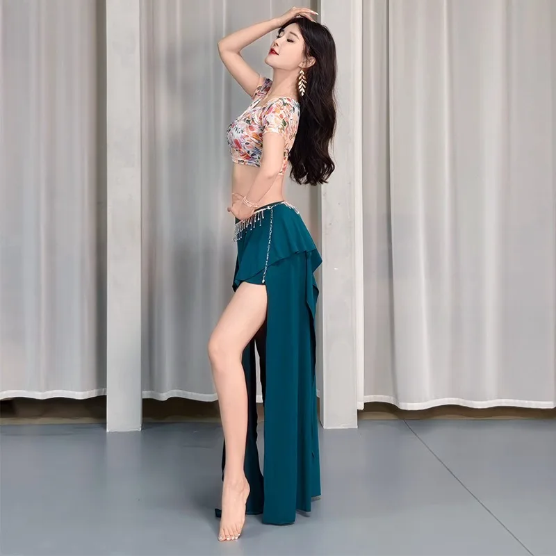 Trajes de danza del vientre personalizados, nuevo vestido de práctica, falda larga de malla estampada, conjunto de traje de actuación de danza oriental, vestido de equipo, 2025