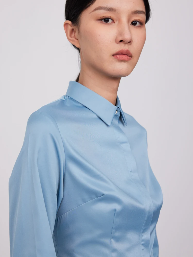 Women's Office Lady Non-iron Silk Touch Long Sleeve Shirt Without Pocket Hidden Buttons Placket Slim-fit Versatile Female Shirts