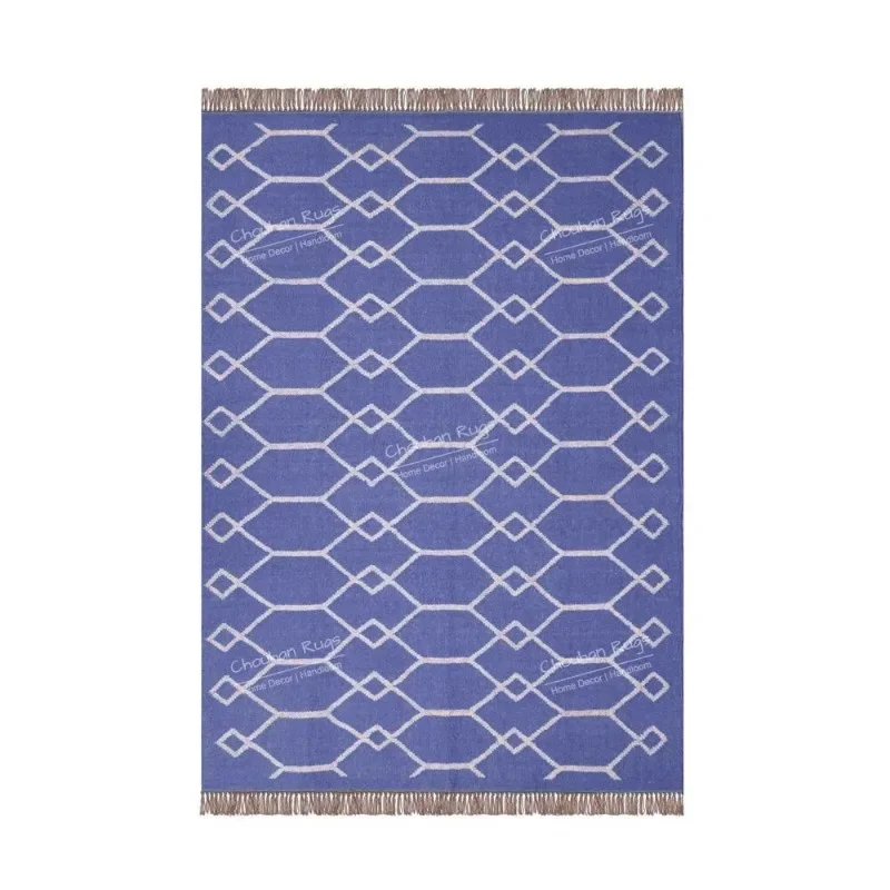 Vintage Turkish Hand-Woven Kilim Flat Weave Area Rug Blue Rug with White Design