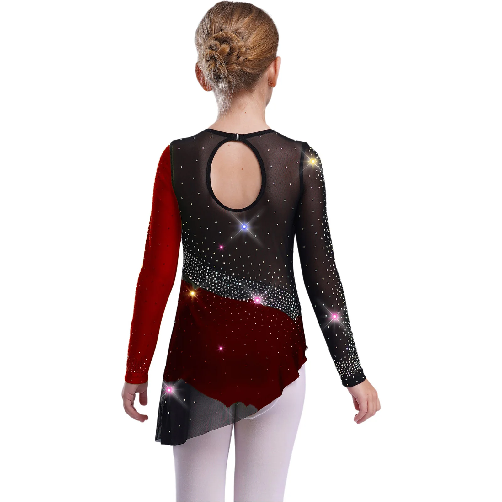 ชุดเดรสลีโอตาร์ดแขนยาวผ้าตาข่ายโปร่งประดับเพชรระยิบระยับสีสันสดใสสำหรับเด็กผู้หญิงเต้นรำยิมนาสติกลีลา