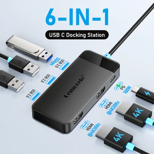 Lemorele TC122 USB C HUB Dual HDMI 4K estación de acoplamiento USB 3,0 PD 100W tipo C puerto para Macbook iPad M2 M1 Steam Deck