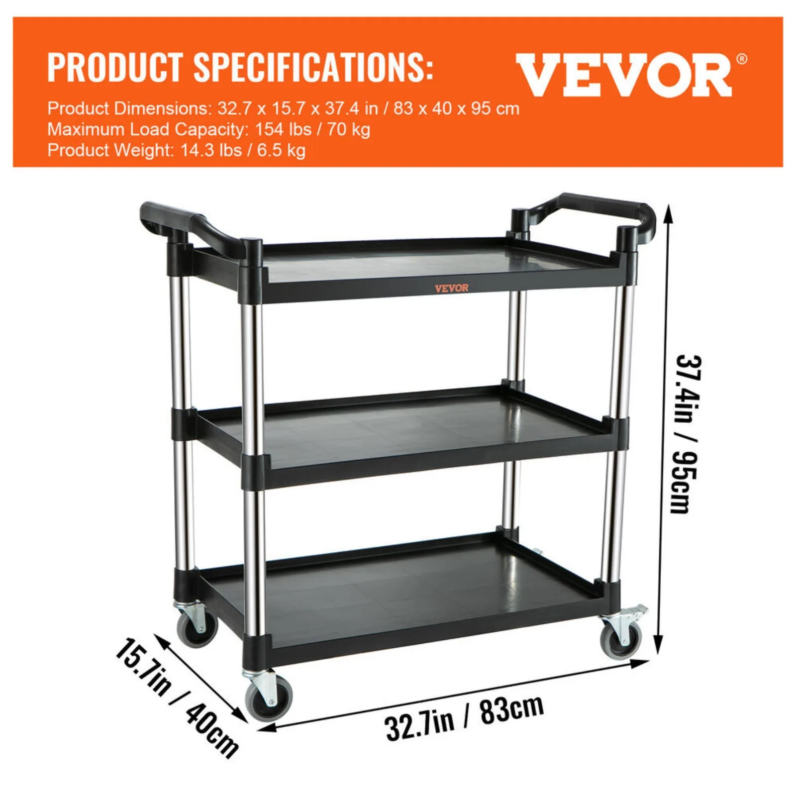 Utility Service Cart with Wheels 3-Tier Food Service Cart 154lbs Capacity United States