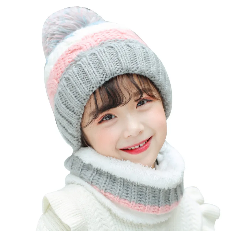 5-12 Years Old Boys Girls Beanie&Snood Lining Hat Knitted Warm Caps Kids ToddlerWinter Windproof Bonnet Scarf