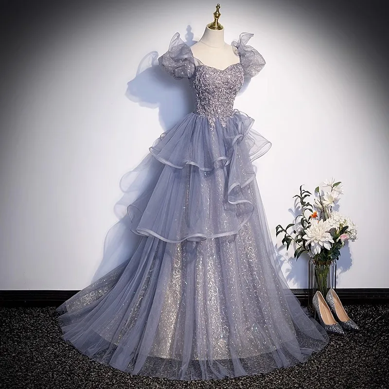 Simple Evening Dresses Female New Elegant Shining A-line Prom Gown Asymmetrical Sequined Tulle Tiered Formal Robe Customized