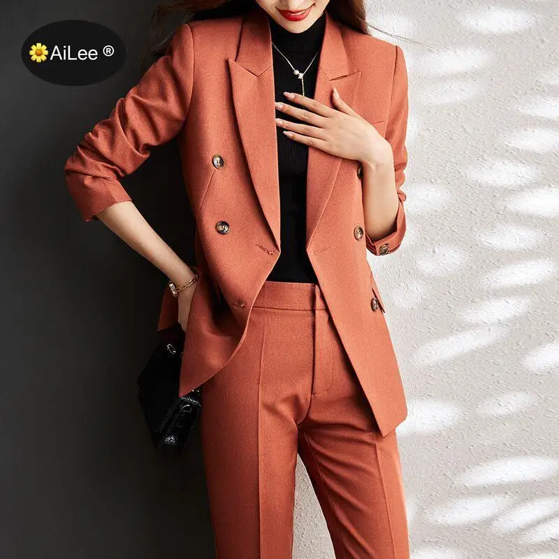 Double Breasted Winter Women Blazer Suit Pants Trousers Set Elegant Office Formal Party Business Autumn Lady Luxury Oversize Top