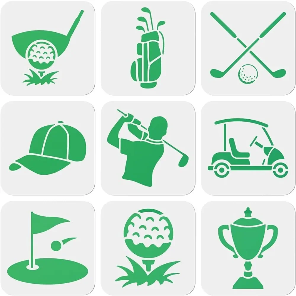 9PCS Golf Stencils Set Cart Caddy Club Caddy Bag Golf Accessories Golf Ball Stencil 6×6inch Washable PET Material