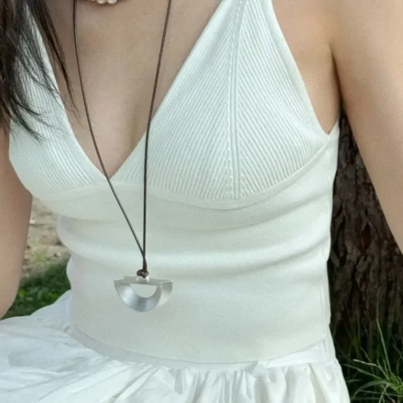Star with the same sandblasted semicircular necklace women's silver design simple leather rope sweater chain semicircular