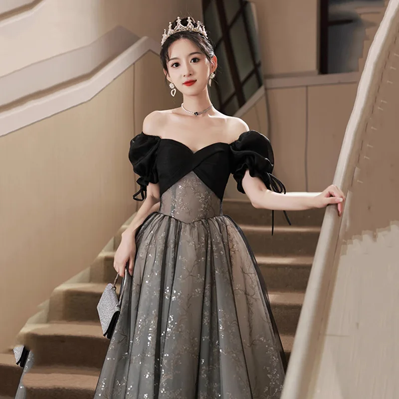 French Black Hepburn Style One Shoulder Evening Dress Design Sense Annual Party Birthday Performance Princess Dress Edition