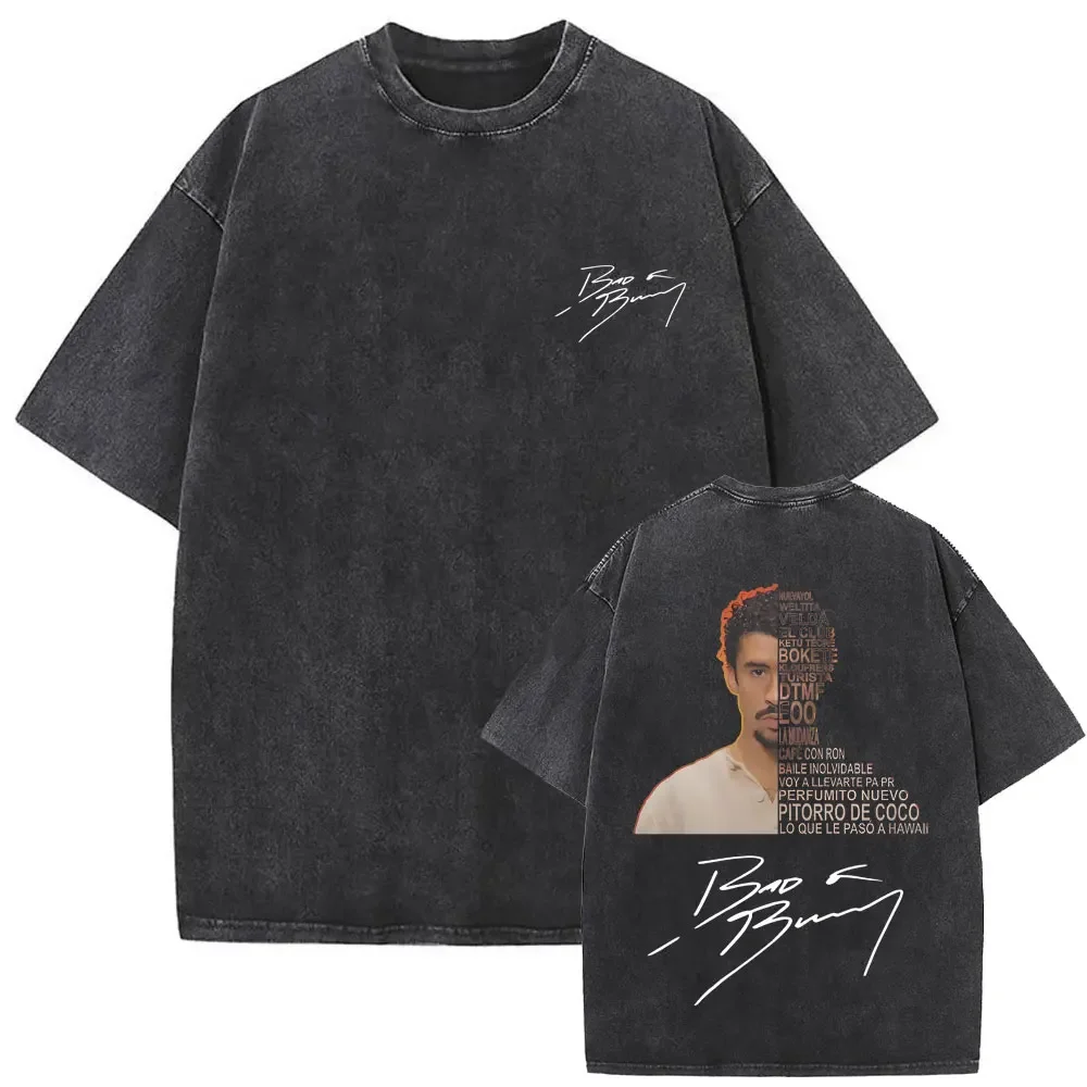 Gewaschenes Vintage Rapper Bad Bunny Gesichtsgrafik T-Shirt DeBi TiRAR MaS FOtoS DTMF Print T-Shirts Herren Hip Hop Retro Oversized Ts