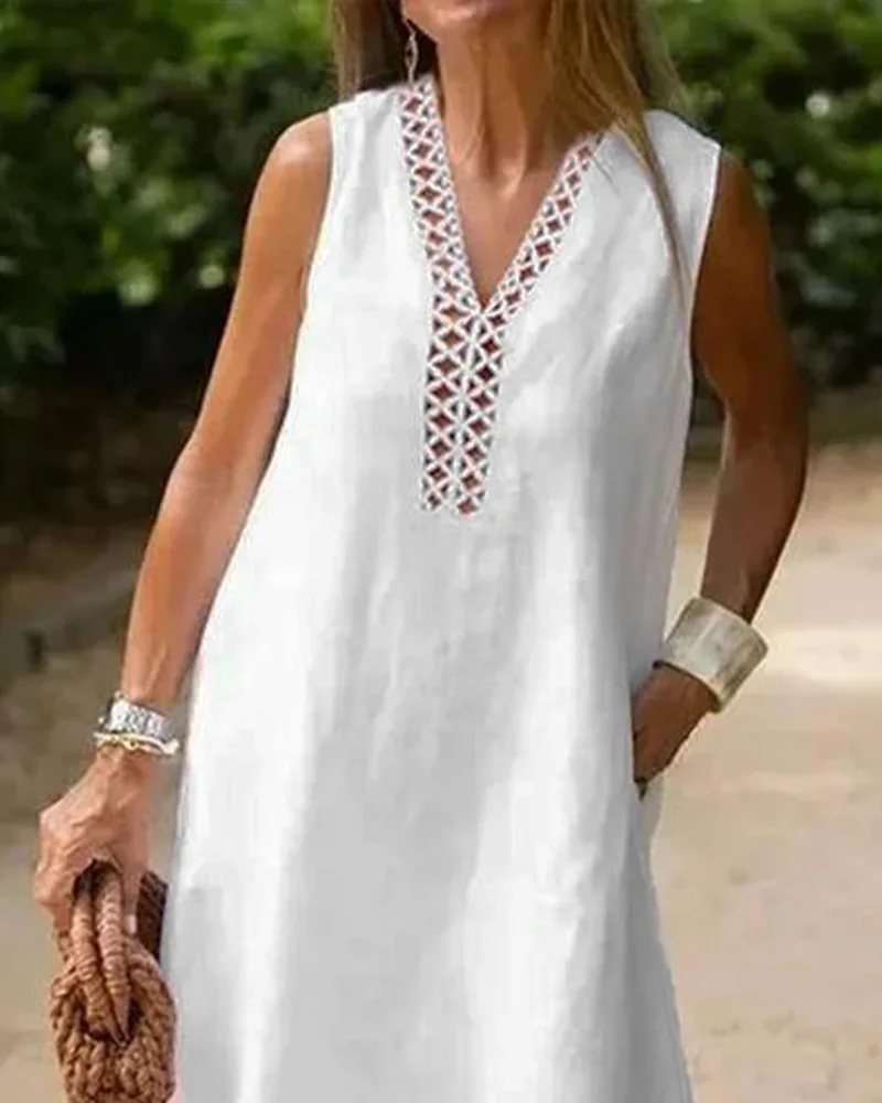 Vestido Casual Solto com Decote em V e Recortes em Renda, Estilo de Rua F, Saia Longa de Poliéster com Silhueta em A, ...