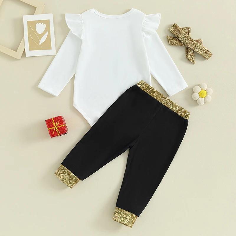 

Newborn Baby Girl Clothes New Years Outfit Long Sleeve Ruffle Romper with Patchwork Pants and Bow Headband Baby Clothing Set