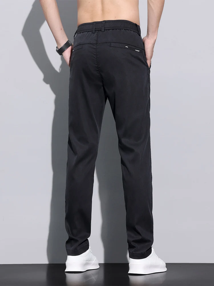 Pantalones informales de tela de fibra Lyocell para hombre, pantalón recto, ajustado, fino, suave, transpirable, elástico, para negocios, negro y gris, verano