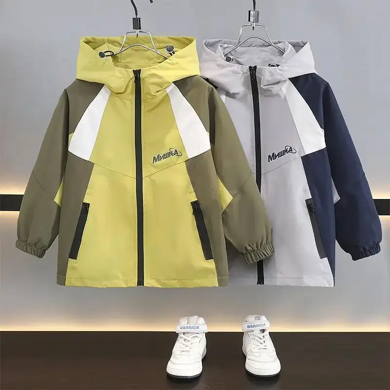 2026 New Children Boys Hooded Jacket Spring Teen Letter Print Color Blocking Zipper Windbreaker Coat Kids Camping Costume 5-17Y