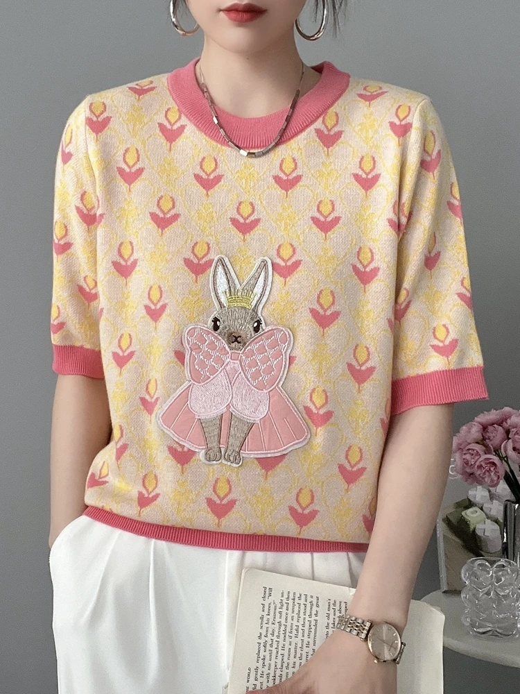 Women 2023 Spring Summer New Ice Thin Short-Sleeved Multicolour Sweater Tshirt Sweet Love Embroidered Rabbit Pullover Top Jumper