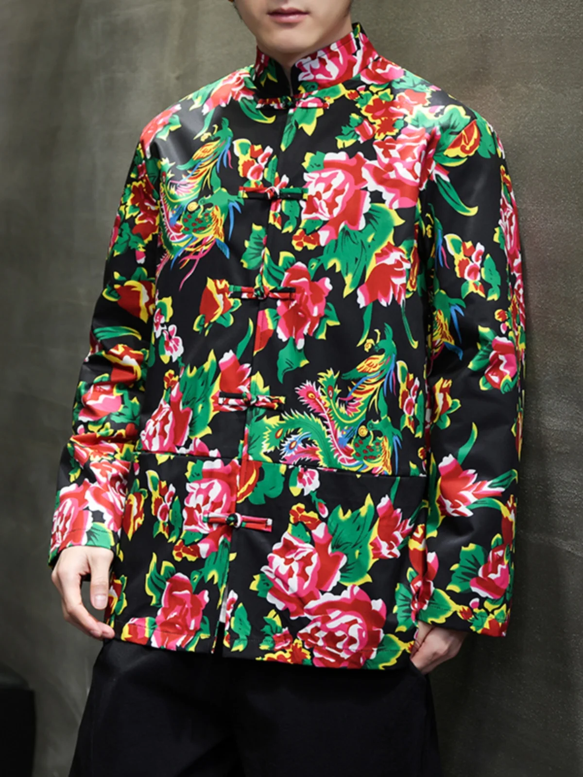 

Loose Men's Jaet Chinese Sle Spring Autumn Floral Embroidery Button Outerwear Youth ular Stand Fit Long Sve