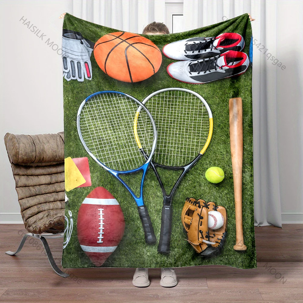 

Плед с принтом спортивного инвентаря на траве, теплый, мягкий, пушистый, для детей и взрослых, для дивана, кровати, улицы, путешествий, кемпинга, автодома