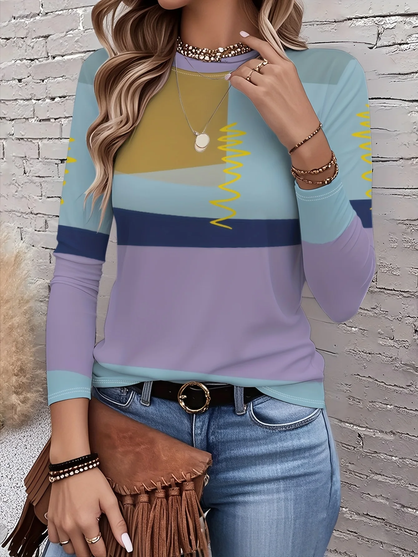 Brightly colored checkered pattern women's round neck long-sleeved top, a new 2026 style for everyday street fashion.