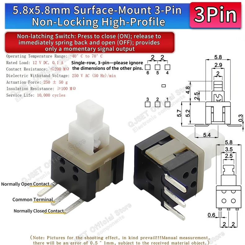 10 Stück 5,8x5,8 7x7 8x8 8,5x8,5mm Selbstverriegelnde/Nicht-verriegelnde Reset-/Multimeter-Taster, Taktiler Mikroschalter, 3/6-Pin Drucktastenschalter – Detail 32