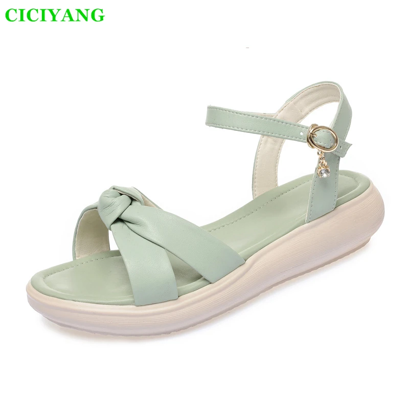 CICIYANG Women's Summer Flat Sandals 2024 Genuine Leather Soft Sole Casual Sandals Ladies Bow Slip-resistant Beach Shoes Beige