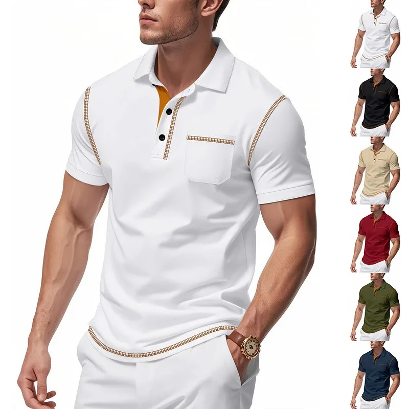 

Casual Shirt Male Slim Fit White Collar Neck Button Placket Red Chest Pocket Contrast Stitching Men's Navy Blue Short Sleeve