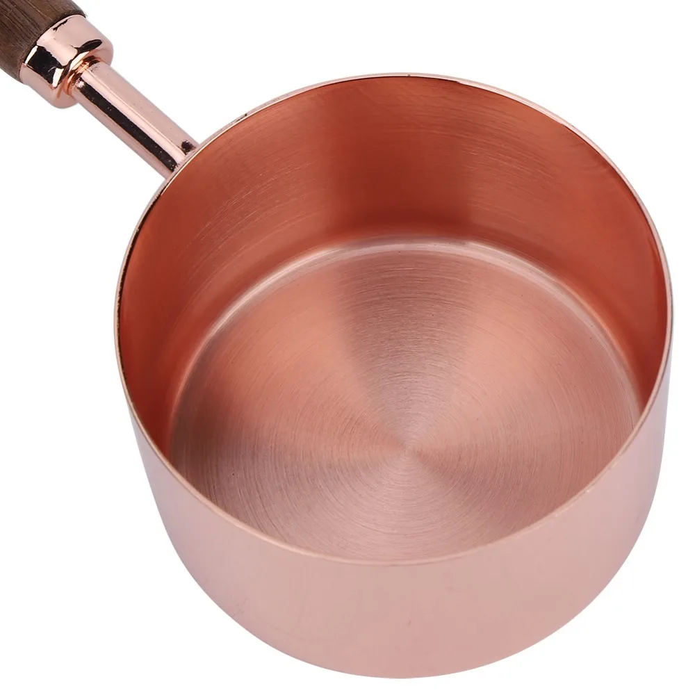 4PC Set Stainless Steel Measuring Cup Set Wooden Handle Copper Plated Measuring Spoon Set Thickened Handle Rose Gold Finish