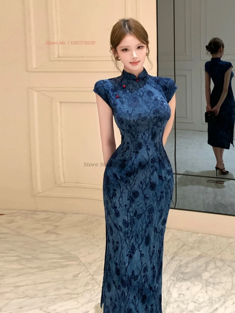 2026-oriental-sexy-nightclub-dress-improved-qipao-traditional-flower-print-ice-silk-flocking-cheongsam-banquet-evening-dress