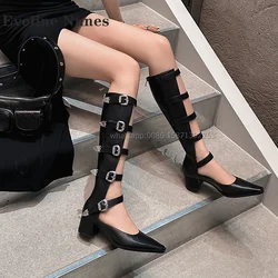 Belt Buckle Hollow Out Gladiator Pointed Toe Square Heel Solid Patchwork Knee High Boots Sexy Zipper Spicy Girl Booties Summer