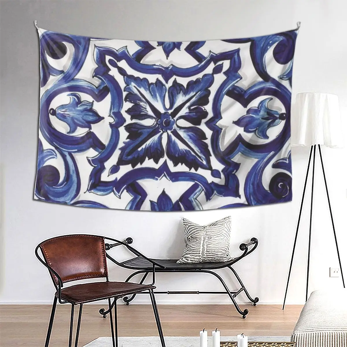 

Синий декоративный цветочный средиземноморский сицилийский гобелен из плитки, художественный настенный гобелен, эстетический домашний декор, гобелены для спальни, общежития