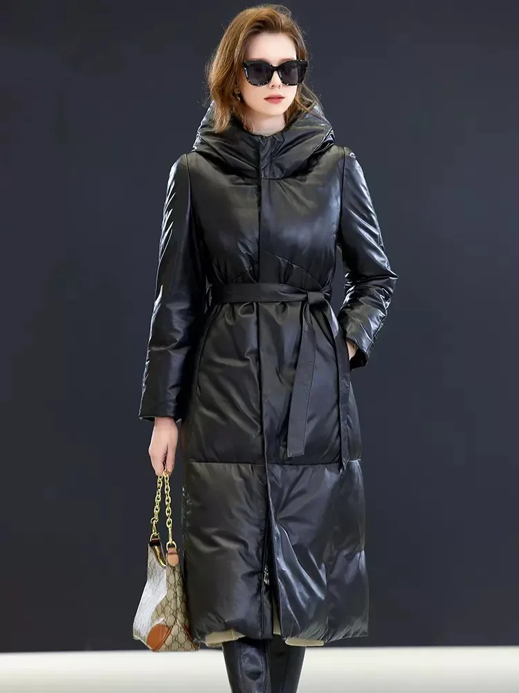 Wintet Women Hooded Genuine Leather Down Coat Thicken Warm Outerwear Slim Zipper High Street Office Ladies Sheepskin Long Jacket