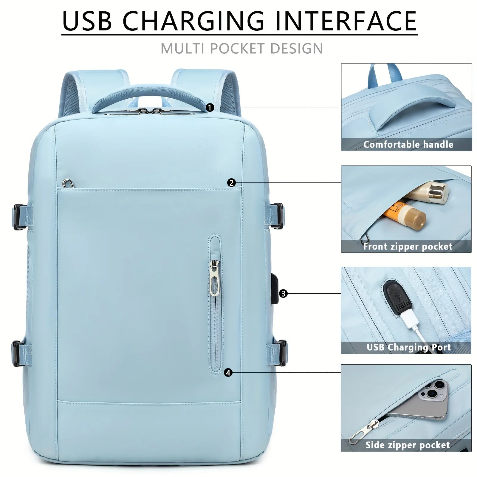 Large capacity lightweight backpack with laptop compartment and ports - compatible with 15.6-inch tablets/15 inch laptops, thick