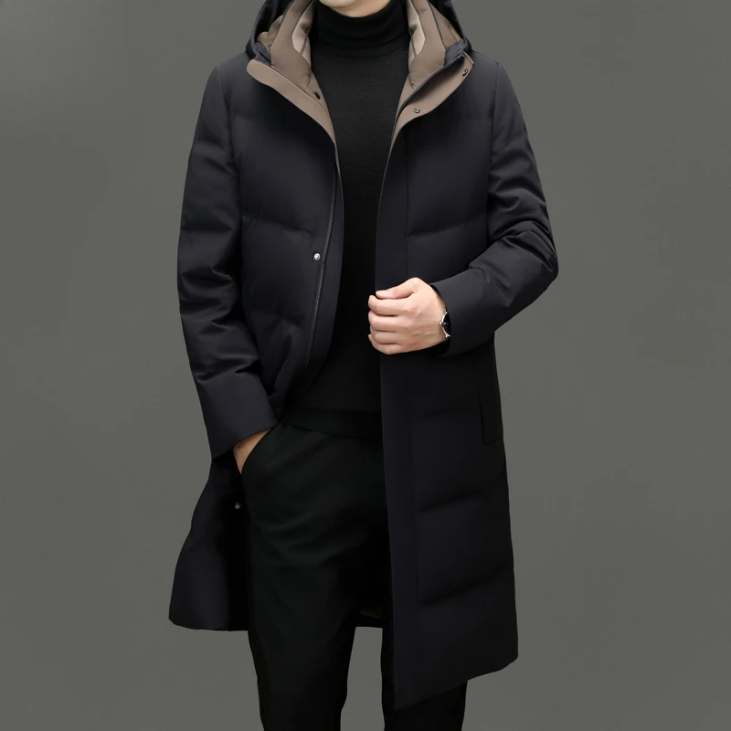 Men's Warm Down Jacket 2024 Business Casual Long Hooded White Duck Down Warm Coat Brand Clothing Male Lightweight Down Jacket