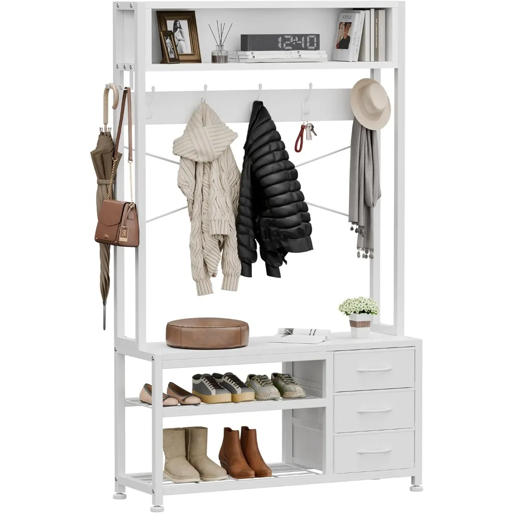 

Lulive Hall Tree with Bench and Shoe Storage, 31.5" Coat Rack Freestanding with 2-Tier Storage Shelf, 5-in-1 Entryway Bench Coat