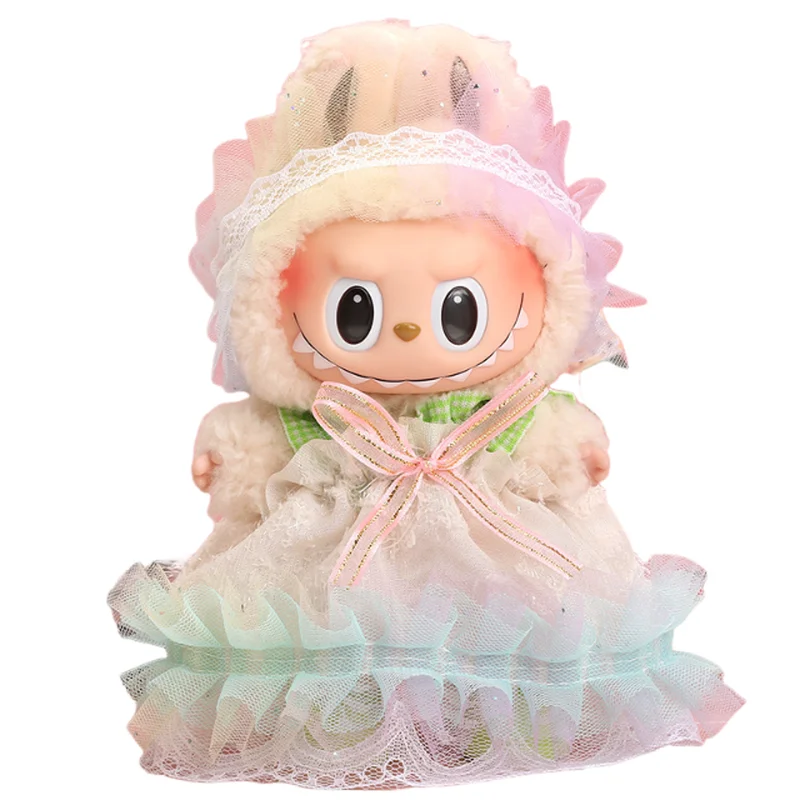 17 cm labubu primeiro segundo e terceira geração sentado vestido de festa conjunto roupas do bebê brinquedos de pelúcia bonito como um presente do festival para pano