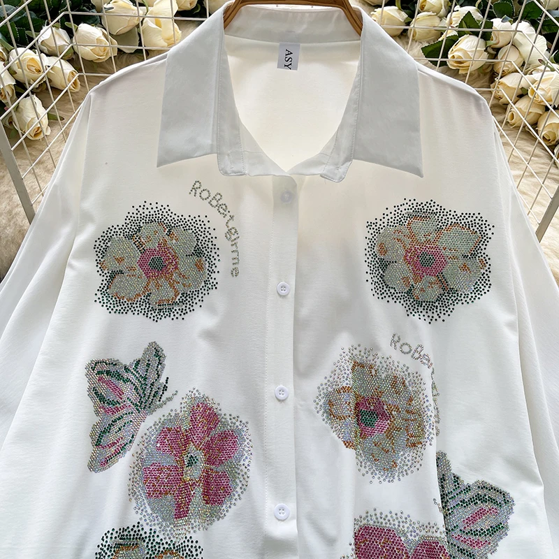 Camisa con cuello tipo Polo y mangas acampanadas para mujer, Top holgado con estampado en caliente y estampado de diamantes, estilo europeo americano, C367