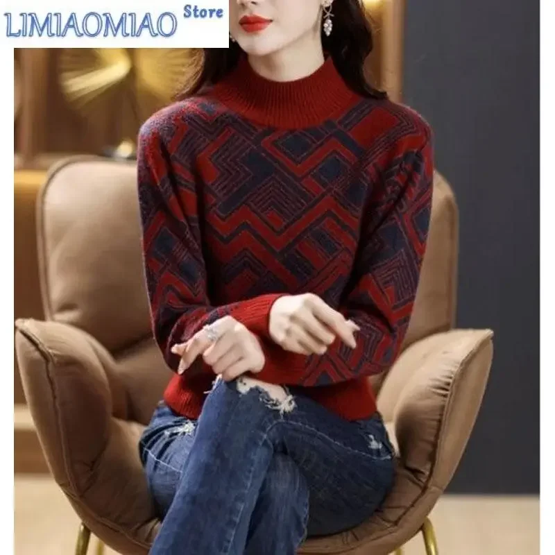 

Autumn and Winter Fashion Korean Edition Color Block Jacquard Half High Neck Loose and Versatile Western Women's Knitted Sweater