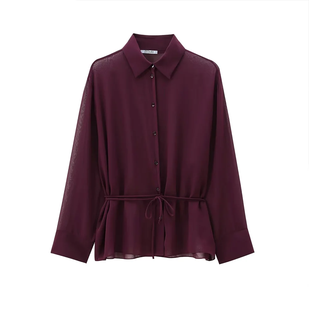 INS Fashion Mature Wine Red Polo Collar Long Sleeves Single Breasted Bow Lace Up Women Loose Chiffon Solid Shirt ZATAF 2024 New