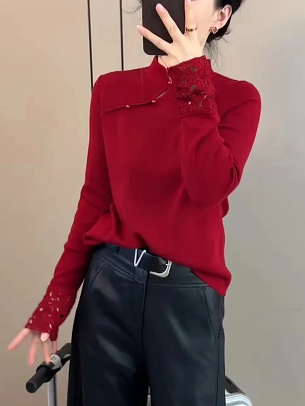 

Large Size New Chinese Style Knitted Sweater Women's Spring New Inner Wear Base Red National Style Trendy Top with Button