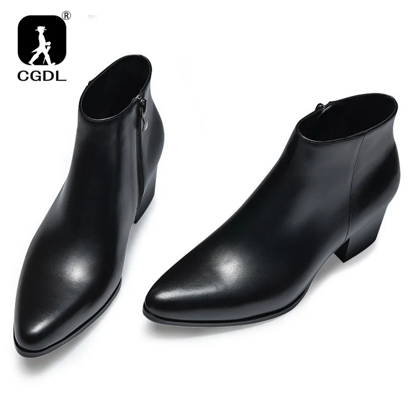 6 Cm High Heels Men\'s Ankle Boots Luxury Genuine Leather 2024 Winter Warm Black White Wedding Party Social Boots Man Dress Shoes