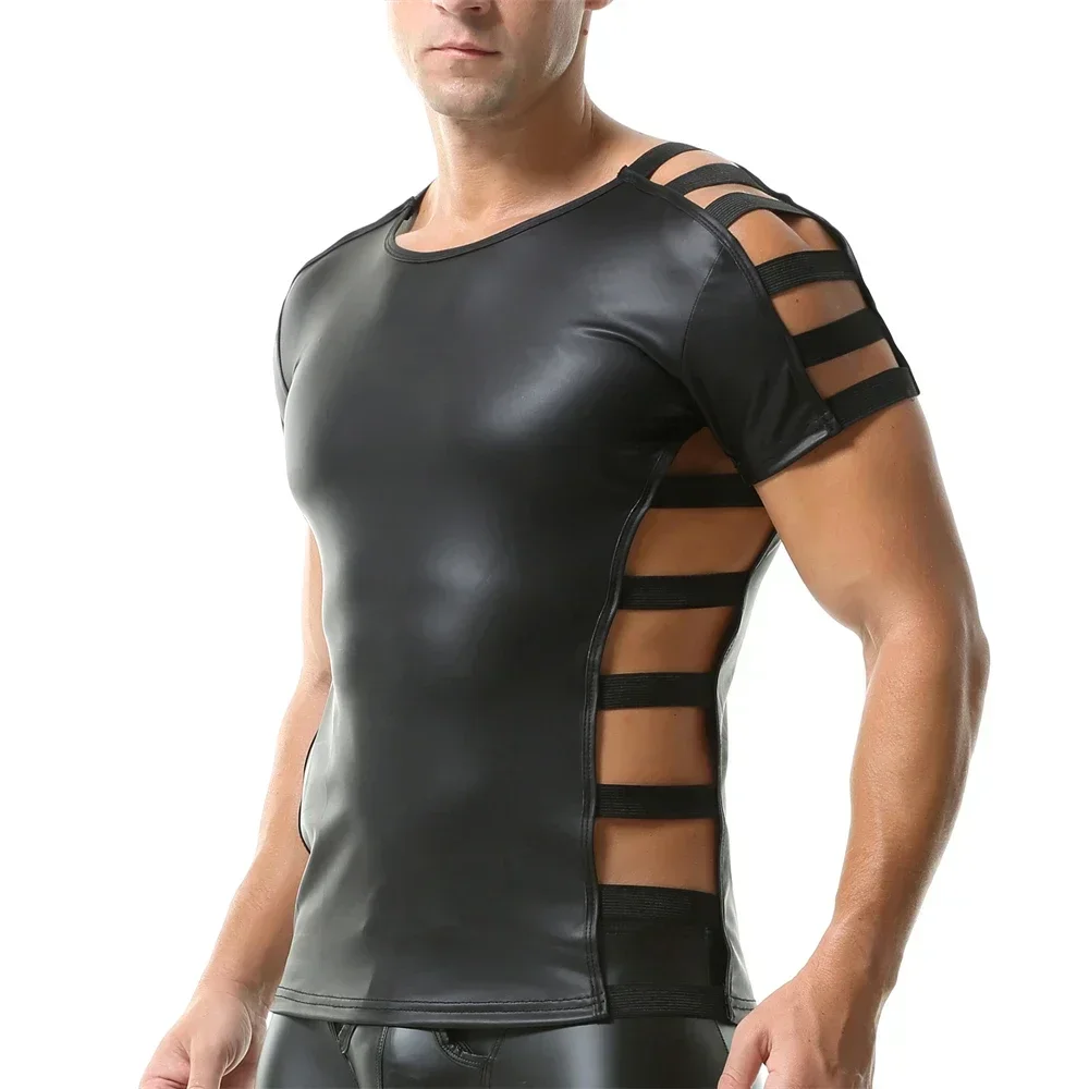 Sexy Fashion Men Faux Leather T-shirts Side Hollow Out Short Sleeve Tees Nightclub Fitness Muscle Tops Slim Elastic Undershirts