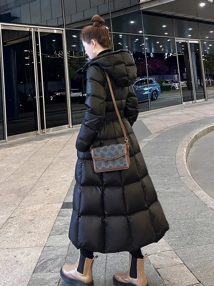 Chaqueta larga de invierno con plumón de pato blanco para mujer, cortavientos con capucha, abrigo ajustado con cintura gruesa y cálida para oficina, prendas de vestir para el trabajo