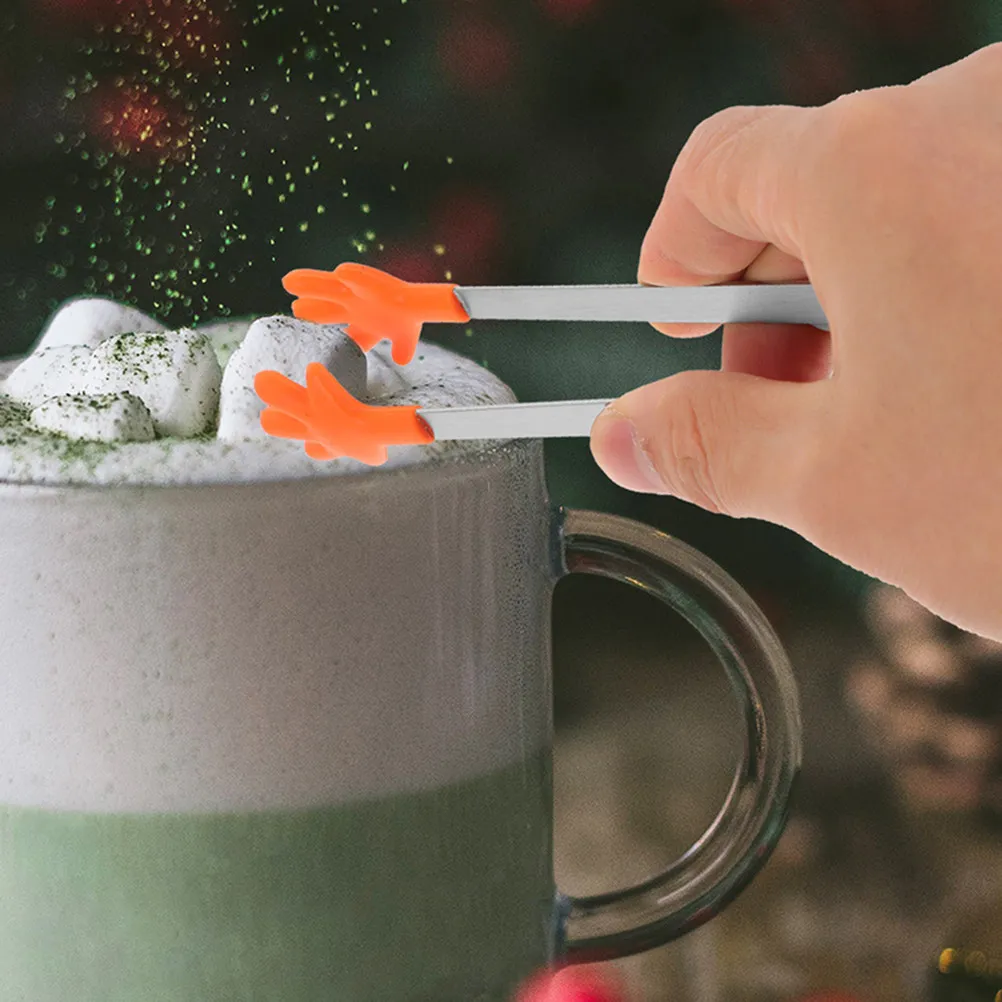 2Pcs Mini Silicone Hand Tongs Stainless Steel Kitchen Food Clamps for Small Items Ice Cubes Sugar Candies Fruits Cake Pasta